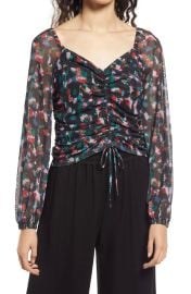 Open Edit Ruched Front Mesh Top in Black Multi Painters Mark  at Nordstrom